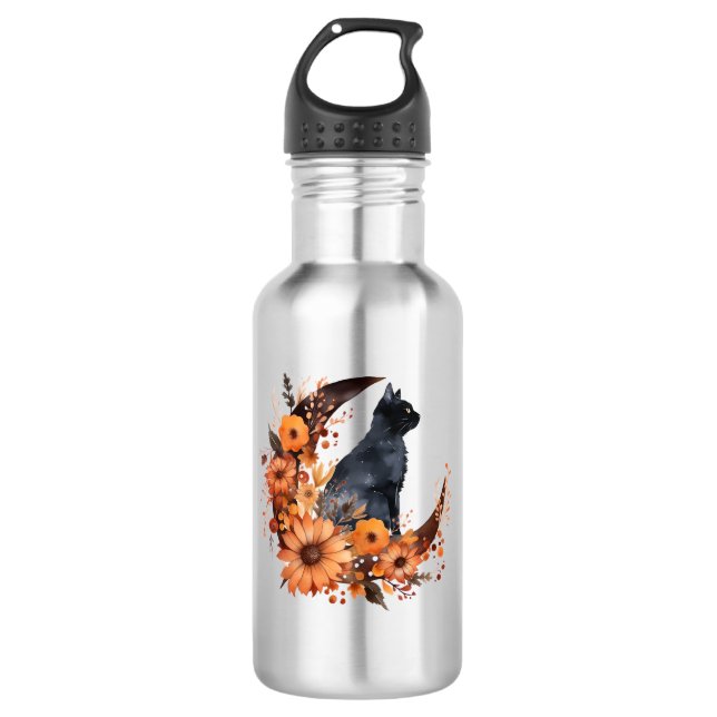 Garrafa Gato Negro Na Lua Floral Pumpkin Black Cat Hallowe (Frente)