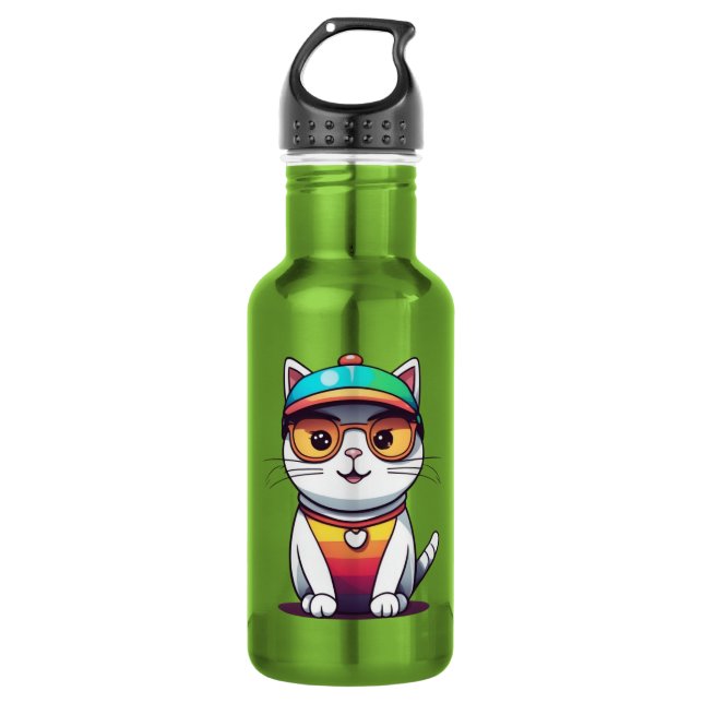 Garrafa Gato Sentado Usando Óculos E Chapéu (Frente)