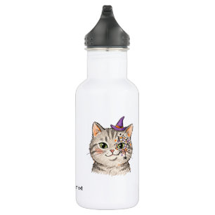Garrafa Gato Tabby Cinza Fofo de Halloween com Pintura Fac