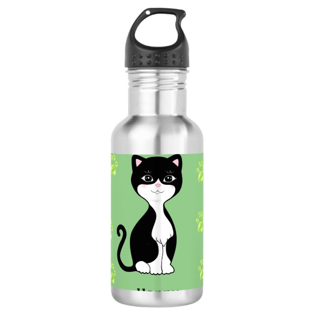 Garrafa Gato Tuxedo Feliz Fofo em Verde Claro (Frente)