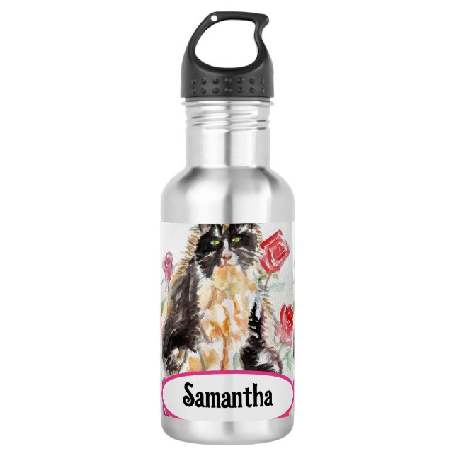 Garrafa Gato Tuxedo Rosas Flores Gatinhos Água Rosa (Frente)