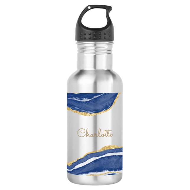 Garrafa Glitter Dourado Agato Azul Marble Personalizado (Frente)