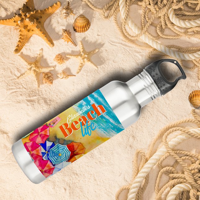 Garrafa Guarda-chuvas na areia (Beach Umbrellas In the Sand Stainless Steel Water Bottle personalized with your name.)