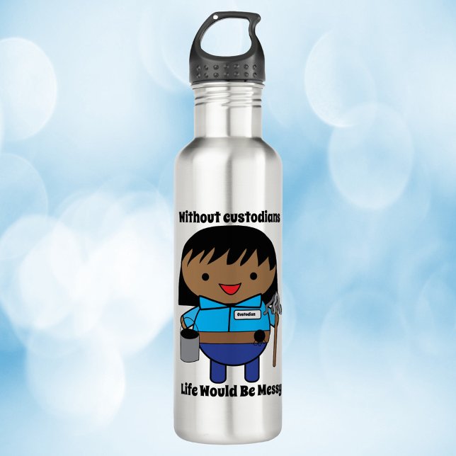 Garrafa Guardiã negra feminina Kawaii (A water bottle with a black woman janitor and the text, "Without custodians life would be messy")