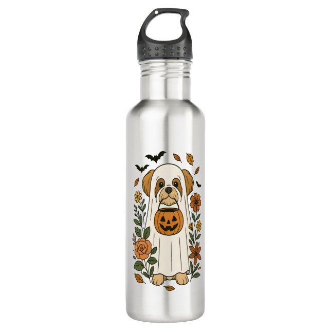 Garrafa Halloween Shih Tzu com Flores de Queda (Frente)