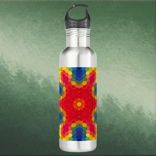 Garrafa Hex Mandala Red Yellow and Blue (Red Yellow and Blue Hexagon Mandala Stainless Steel Water Bottle by Wormhole Orbital)