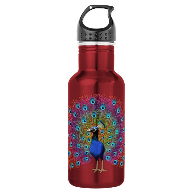 Garrafa Ilustração Colorida de Pavão com Pena Elegante (Frente)
