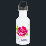 Garrafa Ilustração de Rosa Rosa Cor-de-Rosa Personalizada<br><div class="desc">Uma simples ilustração de uma rosa rosa com pétalas verdes e um caule suave. Personalizar com um nome ou outro texto.</div>