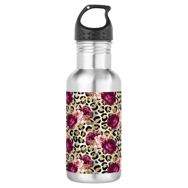 Garrafa Impressão de Leopardo Flor Rosa Rosa Dourada para  (Frente)