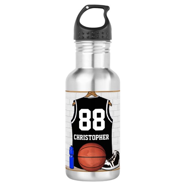 Garrafa Jérsei preto e branco personalizado do basquetebol (Frente)
