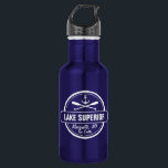 Garrafa Lago Superior, cidade personalizada, nome, âncora,<br><div class="desc">Este design de ancoragem náutica do Lago Superior é personalizado com a sua cidade ou área preferida de Minnesota, Wisconsin, Michigan ou Ontário (como Duluth, Beaver Bay, Lutsen, Grand Marais, Two Harbors, Bayfield, Madeline Island, Bailey Harbor, Egg Harbour, Sturgeon Bay, Marquette, Munising, Big Bay, Thunder Bay, etc.) e o seu...</div>