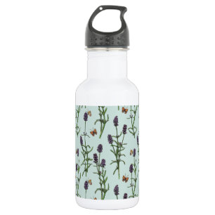 Garrafa Lavandas e borboletas no vidro marinho