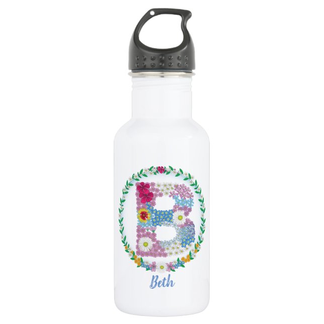 Garrafa Letras de Flor Iniciais "B" com Nome Personalizado (Frente)