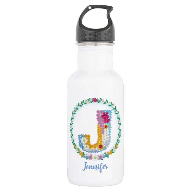 Garrafa Letras de Flor "J" Inicial com Nome Personalizado (Frente)