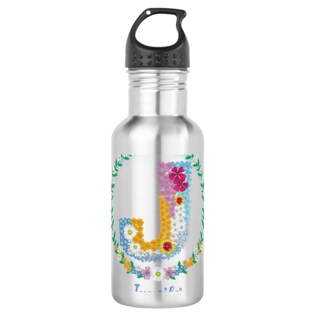 Garrafa Letras de Flor "J" Inicial com Nome Personalizado (Frente)