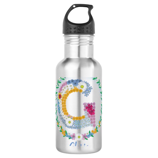 Garrafa Letras Flores "G" Inicial com Nome Personalizado (Frente)