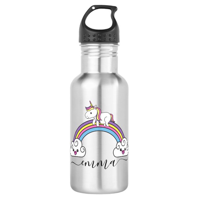 Garrafa Lindo Unicórnio Arco-Íris Nome Personalizado  (Frente)