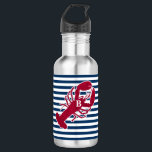 Garrafa Listra branca azul do monograma vermelho náutico<br><div class="desc">Uma lagosta vermelha com seu monograma ou texto ajustou-se em um fundo listrado do azul marinho e o branco. Um design perfeito para uma praia ou uma casa de verão pelo oceano, assar da lagosta na costa, reunions ou apenas vida diária. Clique sobre o logotipo de Colorfulgalshop abaixo para mais...</div>