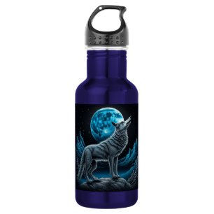 Garrafa Lobo Solitário e Lua Cheia Preta e Azul