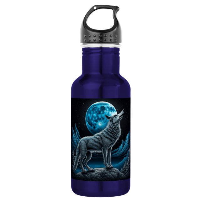 Garrafa Lobo Solitário e Lua Cheia Preto e Azul (Frente)