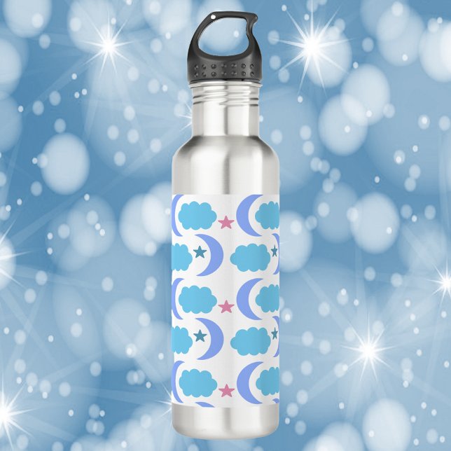Garrafa Lua Estrelas Nuvens Púrpura Padrão Azul (A water bottle with a pattern of moon, stars and clouds in purple, blue and pink!)