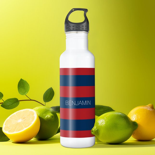 Garrafa Marinho Azul e Vermelho de Rúguebi com Nome Person (Personalized water bottle - sports design)