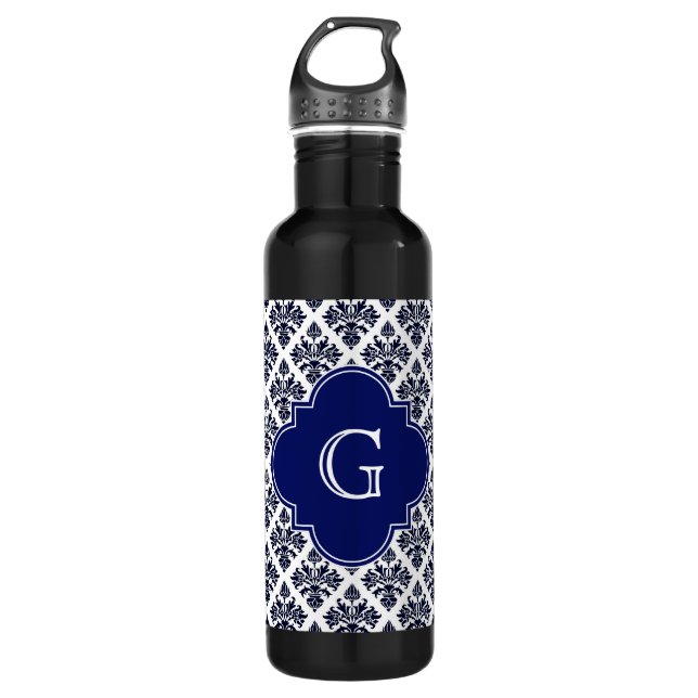 Garrafa Marinho Vintage Azul, Azul, Damasco Branco #3 Mono (Frente)