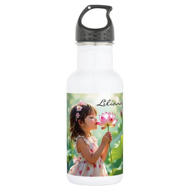 Garrafa Menina Cheirando uma Rosa Rosa Personalizada (Frente)