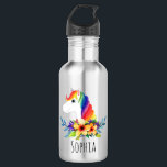 Garrafa Meninas Cute Magical Rainbow Unicorn e Flores Cria<br><div class="desc">Este design de garrafa d'água de miúdos brancos e bonitos apresenta um unicórnio mágico arco-íris com flores a aquarela,  com espaço para você adicionar seu nome de meninas em uma bela tipografia. O presente perfeito para o seu filho.</div>