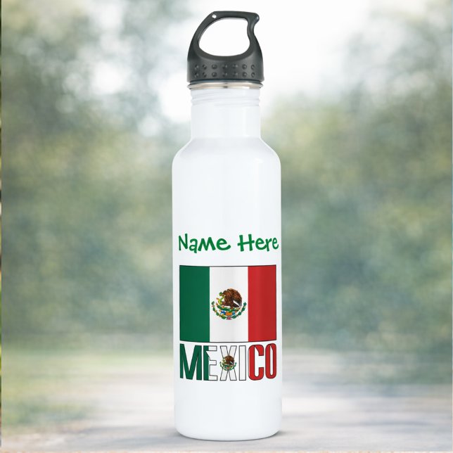 Garrafa México: Personalização Verde da Bandeira do México (Personalized water bottle has Mexican Flag and MEXICO. Add a name in green text above the flag.)