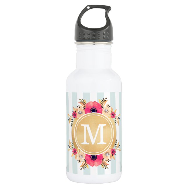 Garrafa Mint Stripes Aquarela Flores Falso Monograma Doura (Frente)