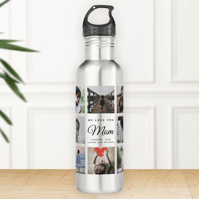Garrafa Moderno nós amamos sua colagem de fotos da MÃE Leg (Silver water bottle on a wooden surface featuring family photos and the text "We love you Mom" )
