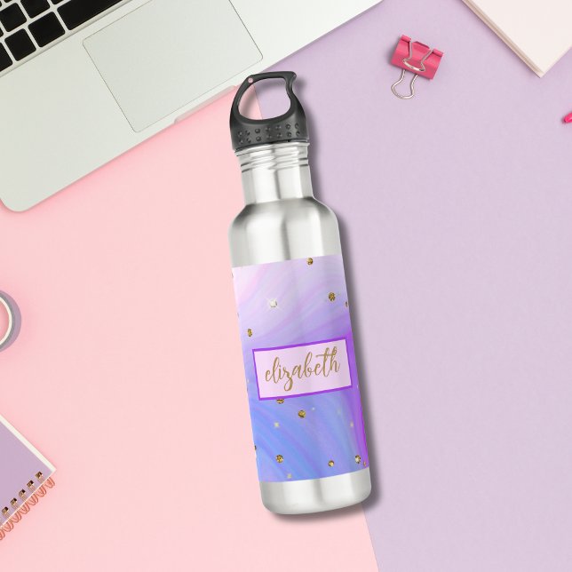 Garrafa Monograma Brilho Rosa Roxo Azul Dourado  (Monogrammed name blue purple pink marble swirl gold glitter water bottle for her)
