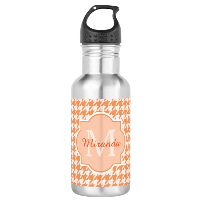 Garrafa Monograma chique Houndstooth alaranjado com nome (Frente)