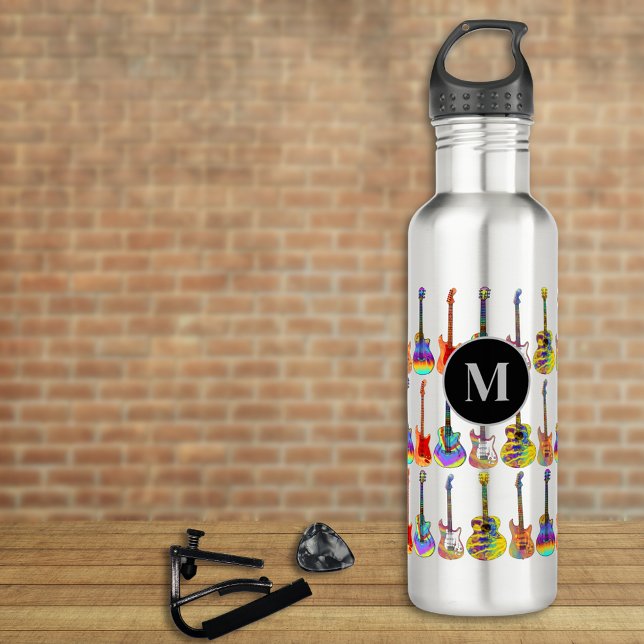 Garrafa Monograma de Padrão de Violão Colorido (Funky psychedelic Guitar pattern personalized monogram water bottle for guitarists musicians )