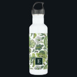 Garrafa Monograma Floral do Green Boho Vintage<br><div class="desc">Frasco de água com impressão personalizada com padrão floral branco em tons de verde e branco. Personalize-o com o seu monograma inicial num quadro verde-escuro. Use as ferramentas de design para editar as fontes de texto e as cores e adicionar suas próprias fotos para criar uma de tipo design.</div>
