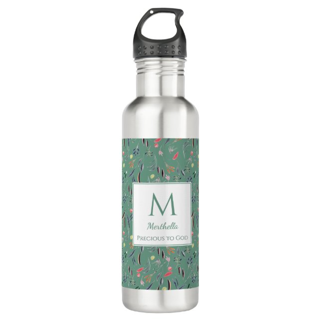 Garrafa Monograma Floral Verde Teal Personalizado (Frente)