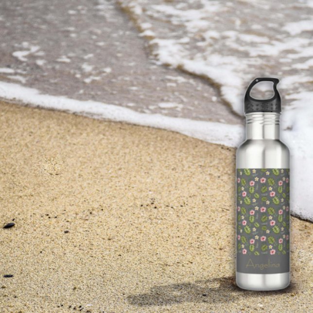 Garrafa Nome da flor rosa aquarela (Criador carregado)