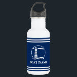 Garrafa Nome Do Seu Barco: Lighthouse Náutico<br><div class="desc">Seu nome personalizado,  nome do barco ou texto com um farol náutico personalizado em um frasco de água com riscas brancas e azuis Marinhos.</div>