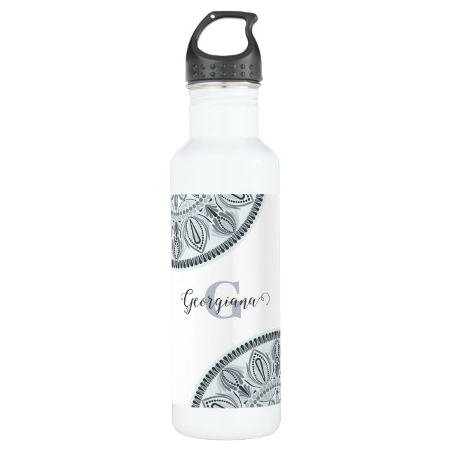 Garrafa Nome Personalizado Harmonia Floral Cinza Monotone  (Frente)