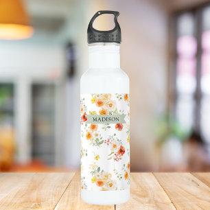 Garrafa Nome Personalizado Padrão Floral Ensolarado Aquare