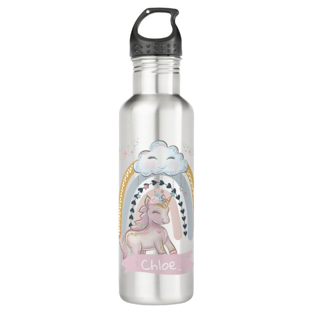 Garrafa Nome Personalizado 🦄 Rainbow Unicorn Girl (Frente)