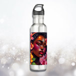 Garrafa Notas Musicais bonito das Flores Rosa<br><div class="desc">Legal arte ai que retrata uma bonito mulher afro-americana com flores amarelas e cor-de-rosa em seu cabelo cercada por flores rosa e amarelas e notas musicais. Bonito arte digital hiper realista.</div>