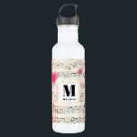 Garrafa Notas musicais e Rosas Vintage Design Monograma<br><div class="desc">Garrafa de água com um design elegante e nostálgico. Folha de música decorada com um grande coração cor-de-rosa e rosas rosa e flores silvestres ao redor das bordas.</div>