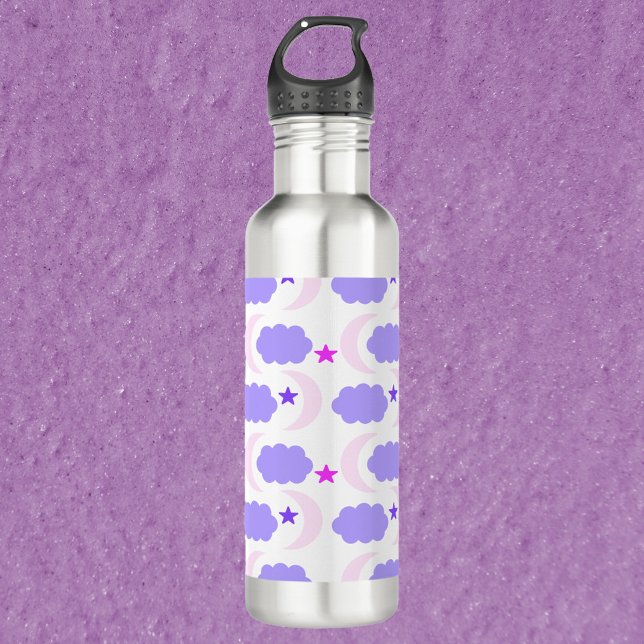 Garrafa Nuvens de Lua e Estrelas Padrão Rosa Púrpura Escur (A water bottle with a pattern of moons, clouds and stars in pink and purple.)