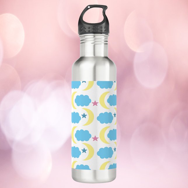 Garrafa Nuvens Luas Estrelas Padrão Azul Amarelo (A cute water bottle with a moon, cloud and star pattern in yellow, pink and blue)