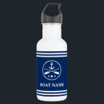 Garrafa O nome do seu barco, Âncora e Oars, são distribuíd<br><div class="desc">Seu nome personalizado,  nome do barco ou texto com âncora náutica,  remos cruzados - remates em uma garrafa de água azul e branco de stripes Marinho.</div>
