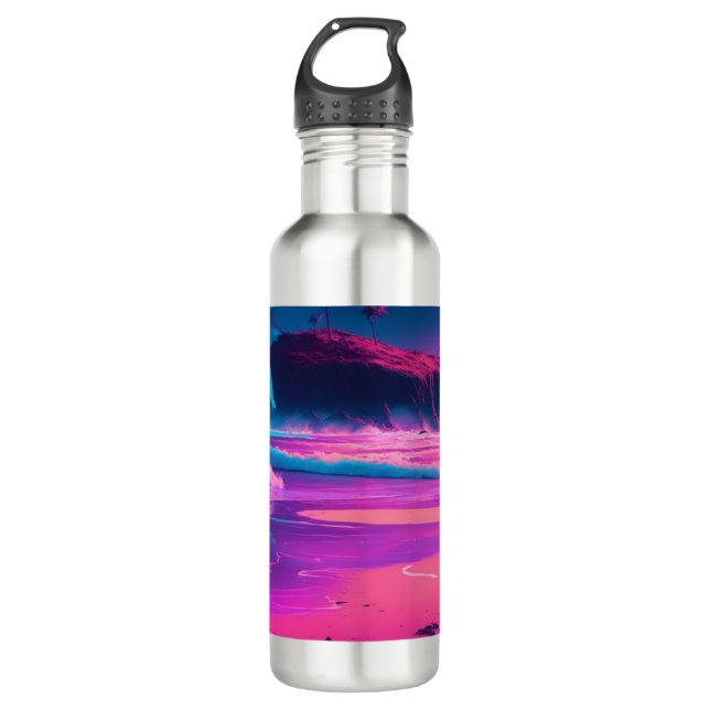 Garrafa Oceano Rosa e Palmeiras Arte Digital (Frente)