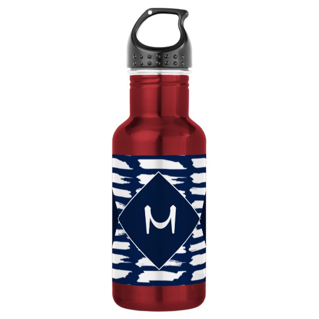 Garrafa Padrão Branco Azul Moderno Monograma Estiloso  (Frente)