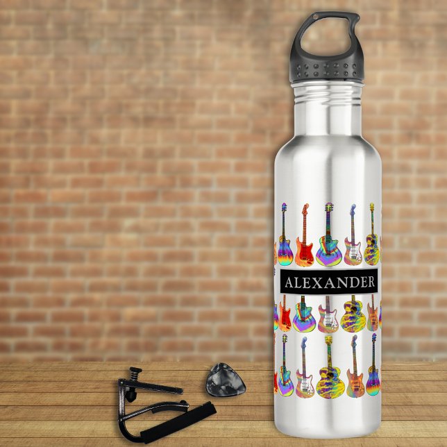 Garrafa padrão colorido de guitarra adicionar Nome (Colorful guitar pattern personalized add name water bottle funky psychedelic guitars for guitarists )